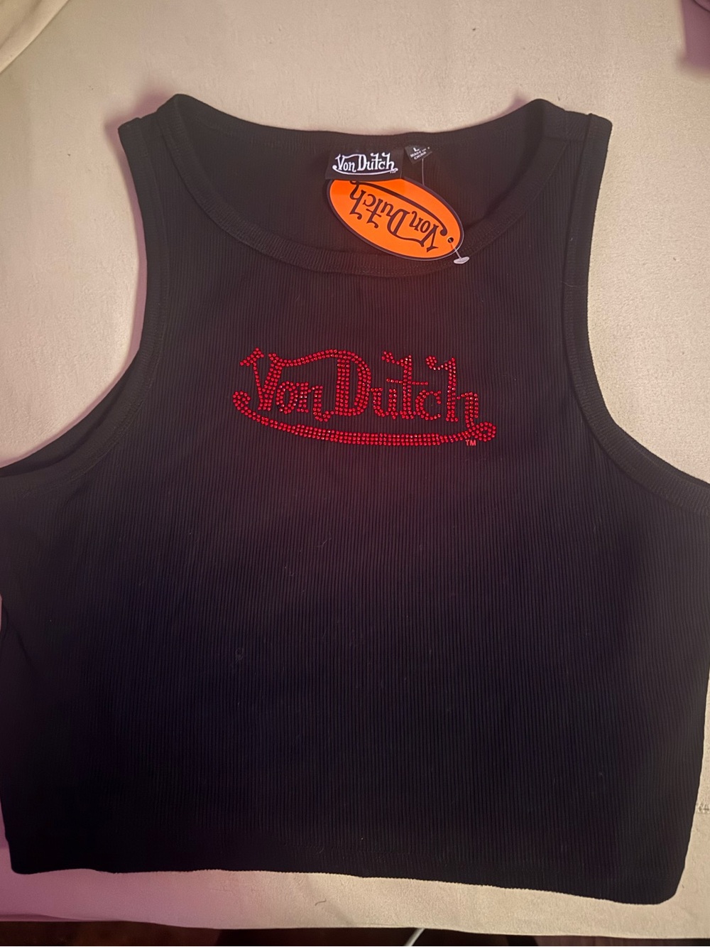 Von Dutch Black Ribbed Cropped Tank with Red Logo Rhinestones